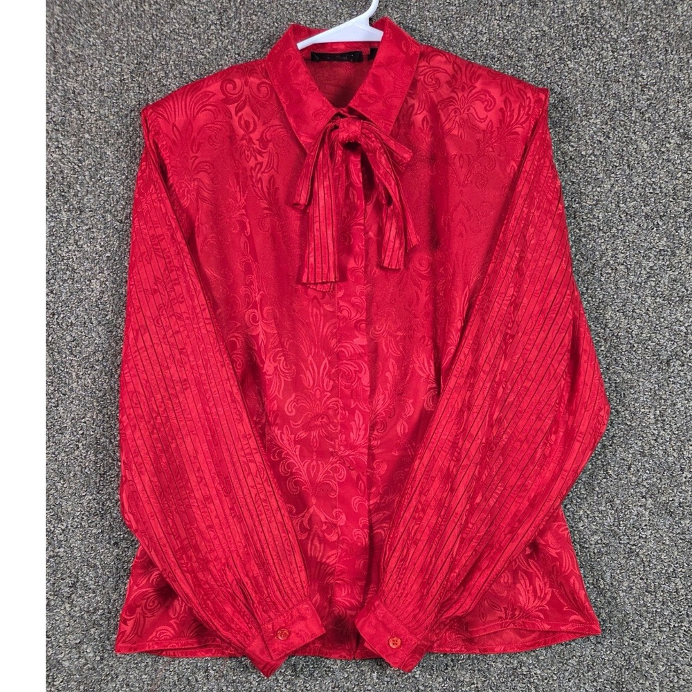 Nilani Jacquard Blouse Women 9/10 Red Tie Neck Pleated Sleeve Damask Vintage